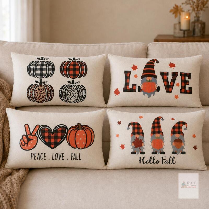 Set of 4 Fall-Themed 18' wide Decorative Throw Pillow COVERS (no cushion) with Hidden Zippers