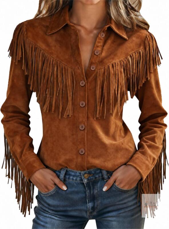 New Size Med Women's Vintage Western Cowgirl Shirts Long Sleeve Button Down Slim Fit Fringe Shirts