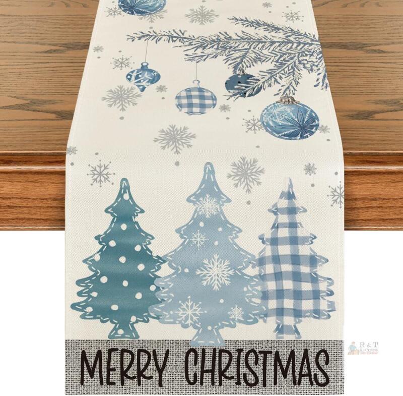New 36"x12" Artoid Artoid Mode Pine Tree Merry Xmas Table Runner Home Party Decor 13x36 Inch | Blue Snowflakes Christmas, Winter Holiday Seasonal Kitchen Dining Table Decoration