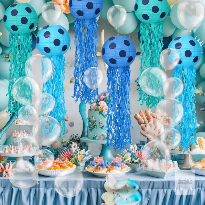 New 6 Jellyfish Paper Lanterns in Three Blue Shades with 100 Clear Balloons &mdash; Under the Sea Party D&eacute;cor Set