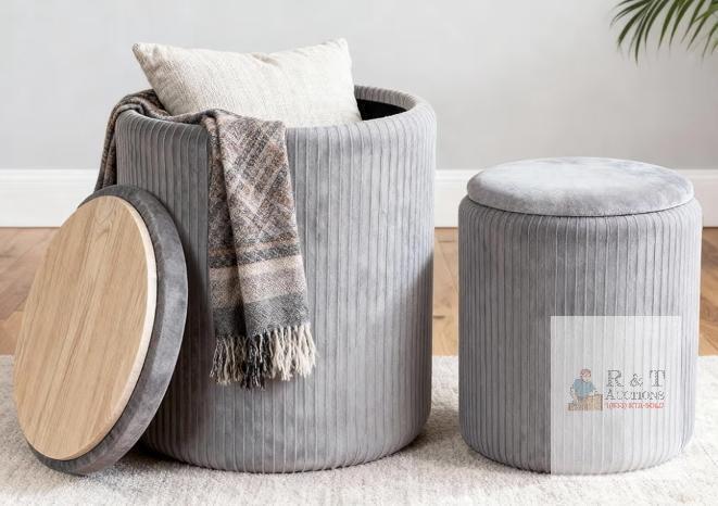 new CAROLMADE Set of 2 Grey Velvet Round Storage Ottomans, 15" & 13.4" Diameter