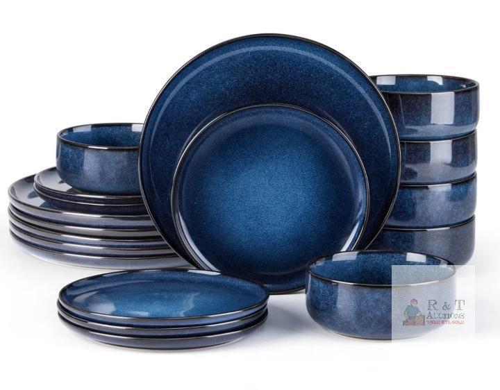 NEW E-far 18-Piece Deep Sea Blue Reactive Glaze Stoneware Dinnerware Set