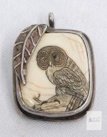 Vintage Sterling Silver Pendant w/Finely detailed Owl Scrimshaw Etched onto a Bone Plaque, Accented with a Decorative Silver Leaf . No Silver Mark