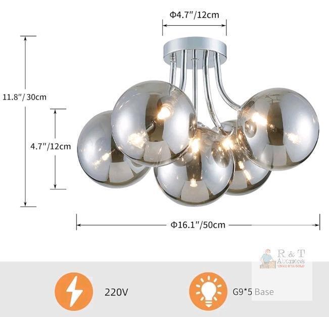 NEW SHRiNE Silver Bubble Glass Sputnik Chandelier, 5-Light, G9 Base, 19.7" Diameter, Chrome Finish