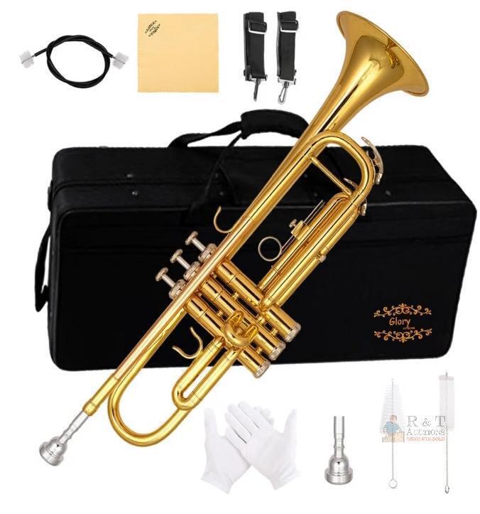 NEW Glory Bb Trumpet, Gold Finish, Stainless Steel Pistons, Includes Case and Accessories