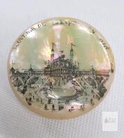 Antique Mother-of-Pearl " Souvenir de l'Exposition 1878 " Souvenir Button . 1878 World's Fair in Paris .<br/>