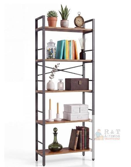 NEW 5-Tier Rustic Brown Bookshelf, Metal Frame, 67"x24"x12", Industrial Style, Freestanding Shelving Unit