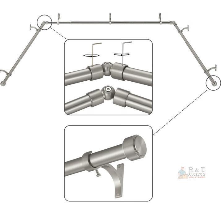 NEW Brushed Nickel Bay Window Curtain Rod Set, Aluminum, Adjustable 32&ndash;86 in Center, 32&ndash;58 in Sides, 5 Brackets
