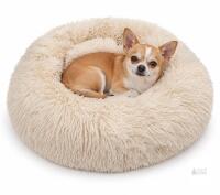 NEW Calming Plush Donut-Shaped Pet Bed, Cream, Non-Slip Base