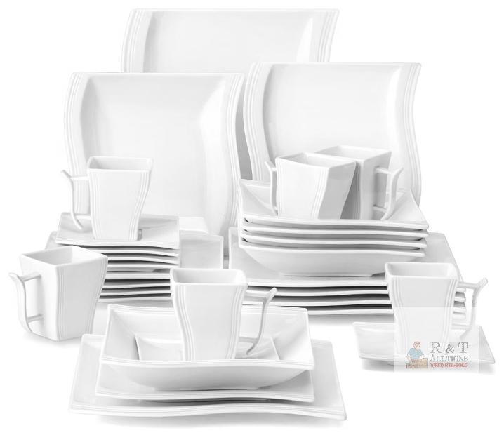 NEW MALACASA Flora 30-Piece Porcelain Dinnerware Set, Service for 6, Ivory White, Square Design