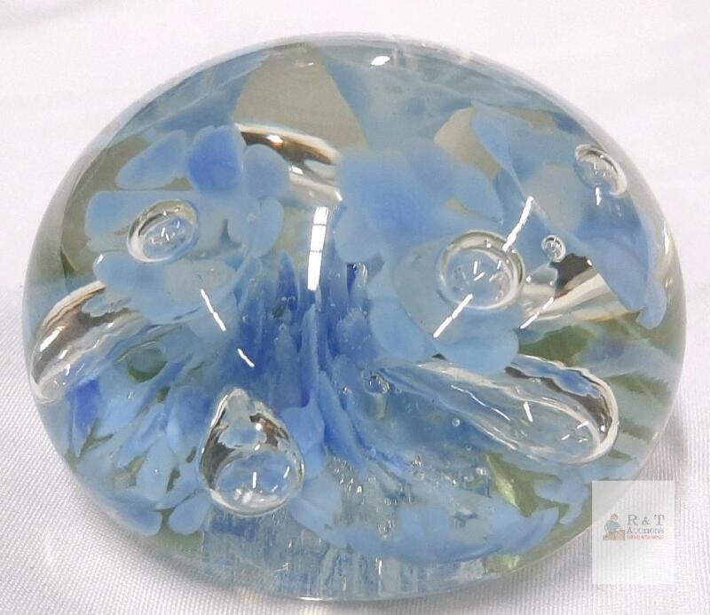 Hand-Blown Art Glass Paperweight with Blue Floral Design and Controlled Bubbles