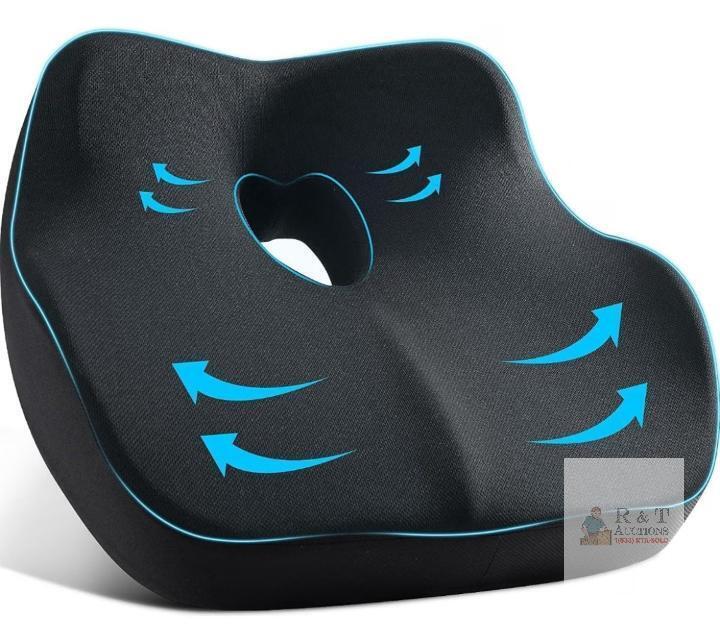 NEW Ergonomic Memory Foam Donut Seat Cushion, Coccyx Cutout, Black/Blue, Breathable Cover, 17.5"x14"