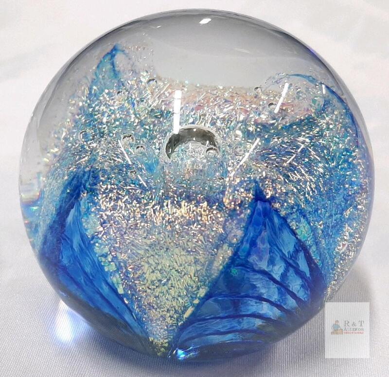 Blue Iridescent Art Glass Paperweight, Hand-Blown Decorative Sphere with Bubble Core, 3" Diameter