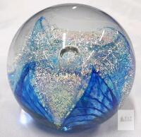 Blue Iridescent Art Glass Paperweight, Hand-Blown Decorative Sphere with Bubble Core, 3" Diameter