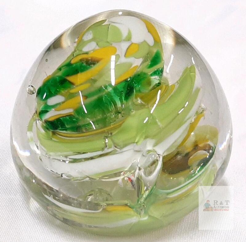 Clear Glass Paperweight with Multicolored Swirl, Handmade, 3" Round, Dome Shape