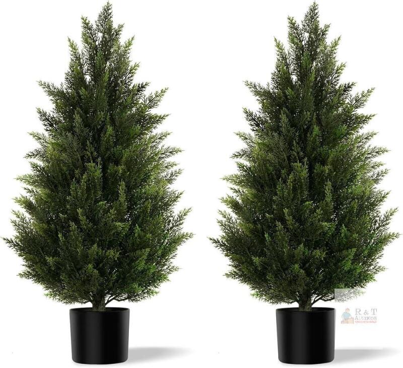 NEW Vitalismo 35.4" Artificial Cedar Topiary Trees Pair &ndash; Faux Pine Shrubs in Pots, Indoor/Outdoor, Realistic