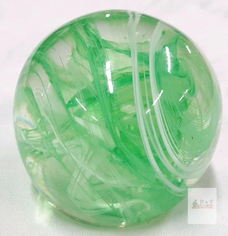 Hand-Blown Glass Marble with Green and White Swirl Design, Approx. 2 Inch Diameter