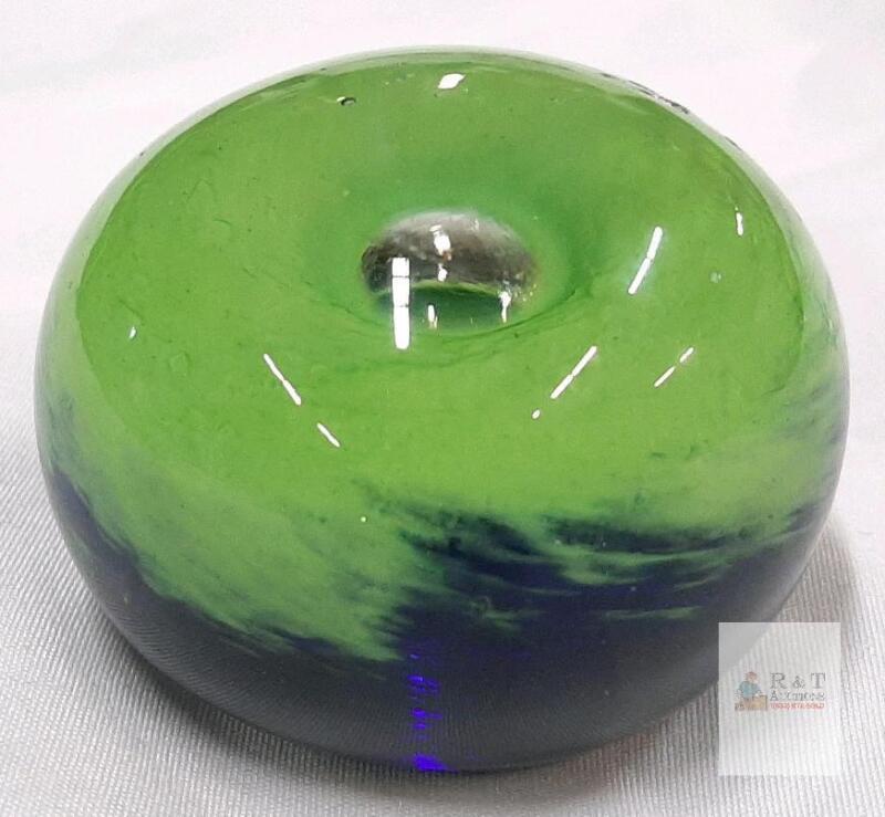 Hand-Blown Art Glass Paperweight &ndash; Swirled Green and Blue Design with Central Bubble