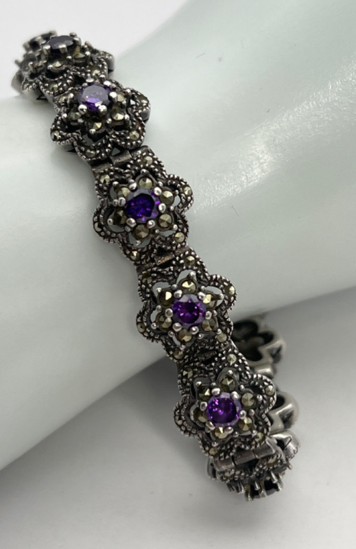Art Deco 925 Marcasite Flower Bracelet Vibrant purple stones