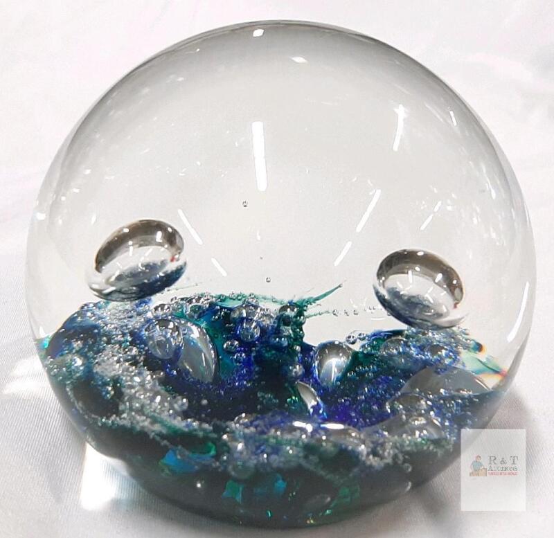 Selkirk Glass Art Glass Paperweight, Blue/Green Mottled Design, Hand-Blown in Scotland