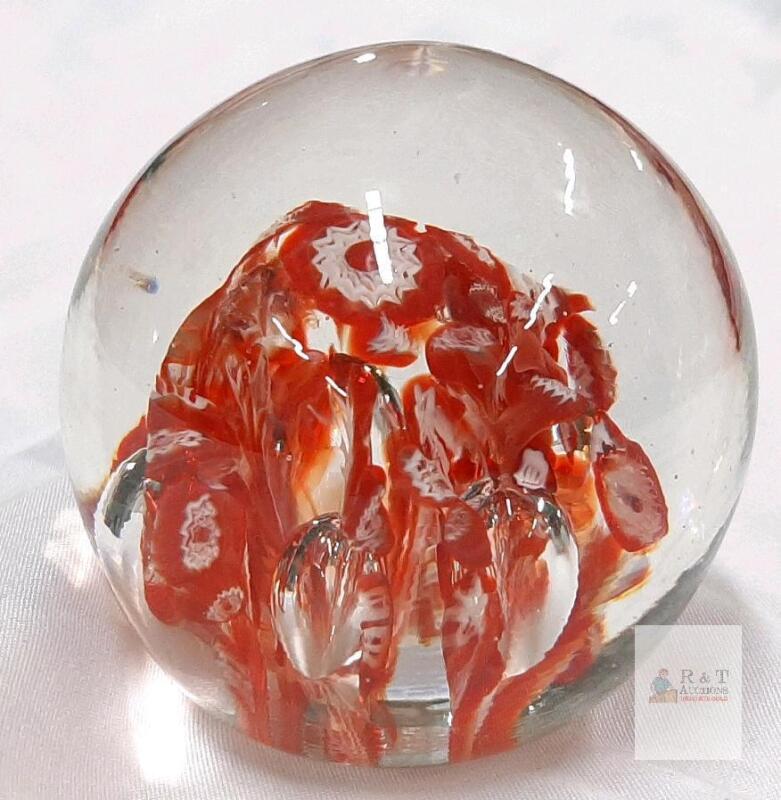Art Glass Paperweight with Red and White Floral Design, Controlled Bubbles,