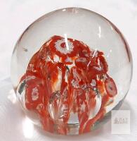 Art Glass Paperweight with Red and White Floral Design, Controlled Bubbles,
