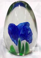 Hand-Blown Egg-Shaped Glass Paperweight with Encased Blue Flowers,