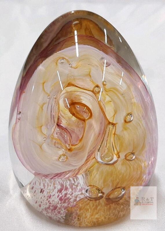 Vandermark Art Glass Egg-Form Paperweight with Swirled Yellow, Pink, and Amber Design