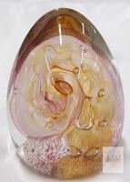 Vandermark Art Glass Egg-Form Paperweight with Swirled Yellow, Pink, and Amber Design
