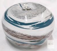 Clear Swirl Art Glass Paperweight, Hand-Blown, 3.5" Diameter Blue/Brown Studio Design
