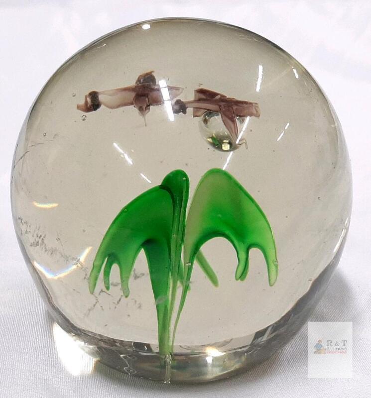 Lampwork Glass Paperweight with Green Plant and Brown Flying Birds, 3" Diameter, Art Glass Decor