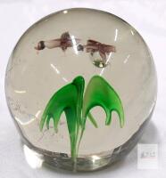 Lampwork Glass Paperweight with Green Plant and Brown Flying Birds, 3" Diameter, Art Glass Decor