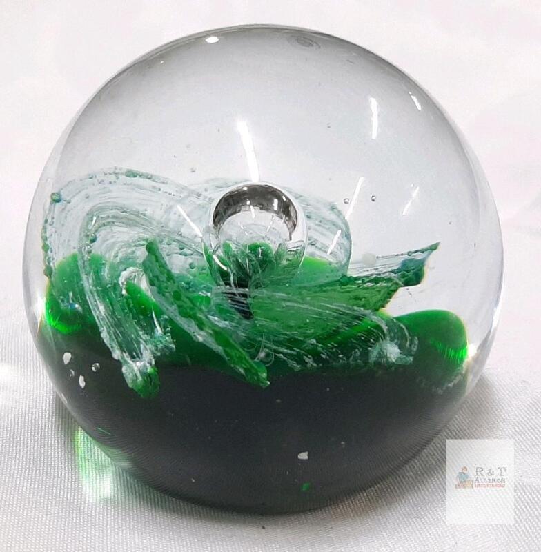 Art Glass Paperweight with Green Swirl Design,