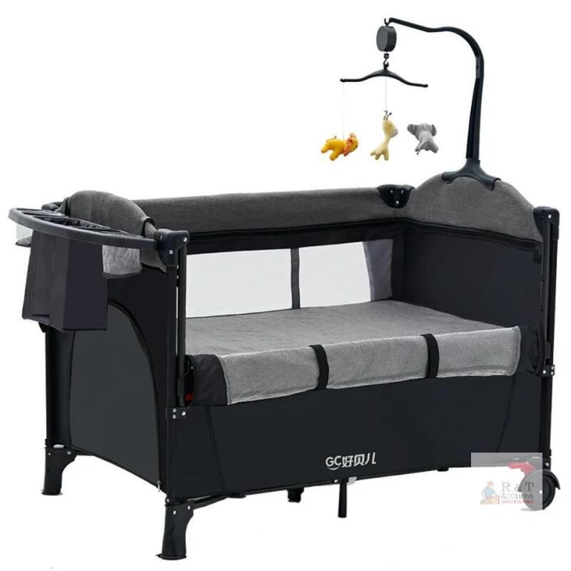 NEW GC 4-in-1 Foldable Baby Crib/Bassinet, Changing Table, Rocker, Mobile, Grey/Black