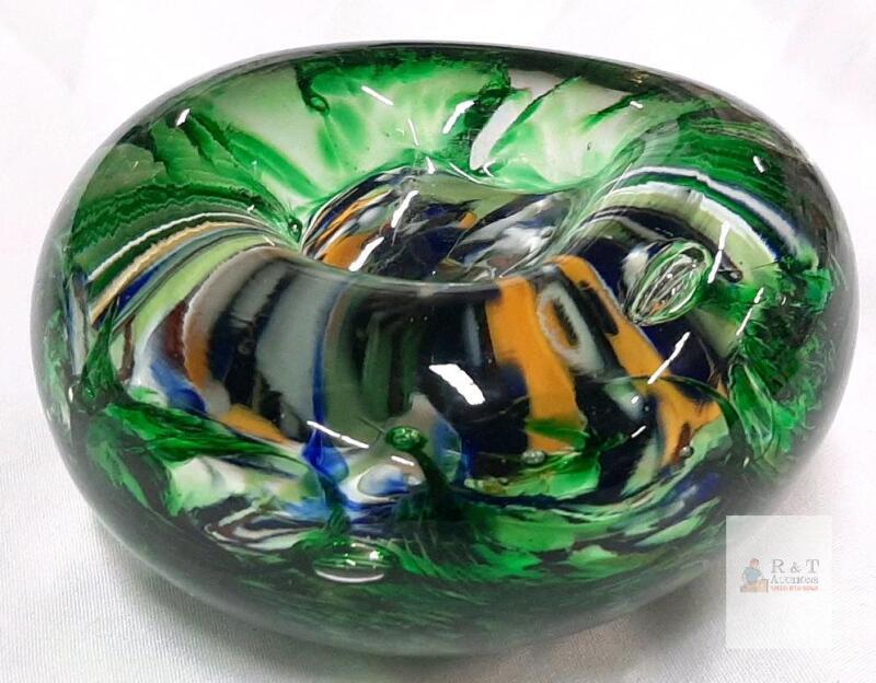 Hand-Blown Murano-Style Art Glass Ashtray, Green Multicolor Swirl, Mid-Century,