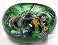 Hand-Blown Murano-Style Art Glass Ashtray, Green Multicolor Swirl, Mid-Century,