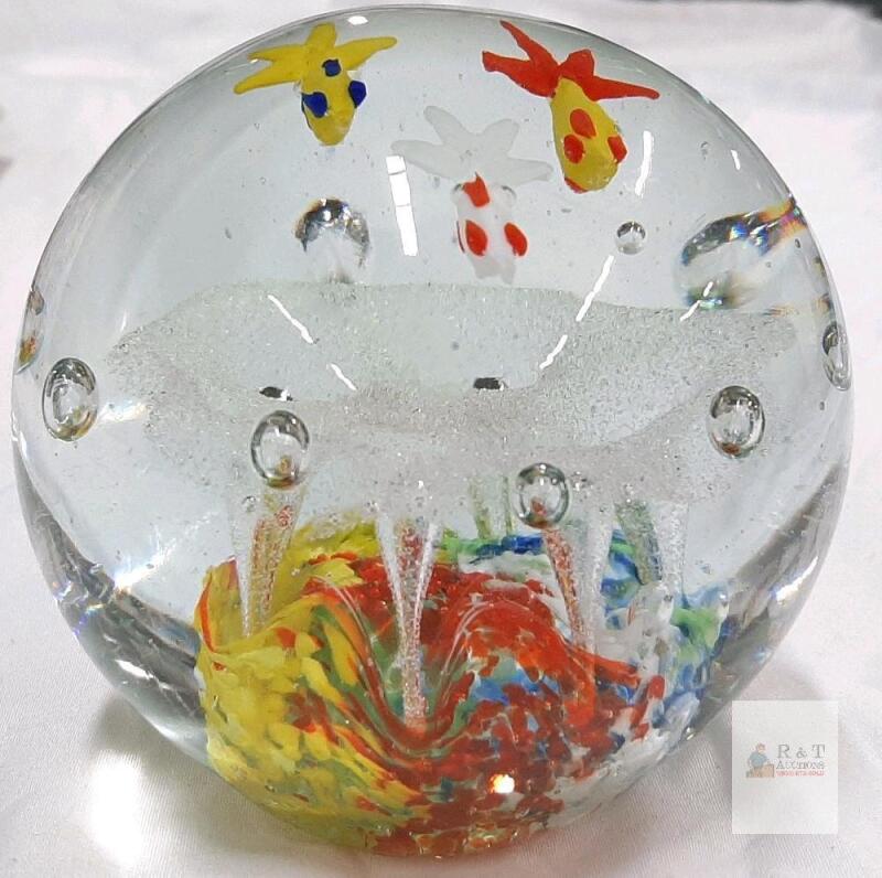 Handcrafted Art Glass Paperweight, Multicolor Swirl Core with Controlled Bubbles,