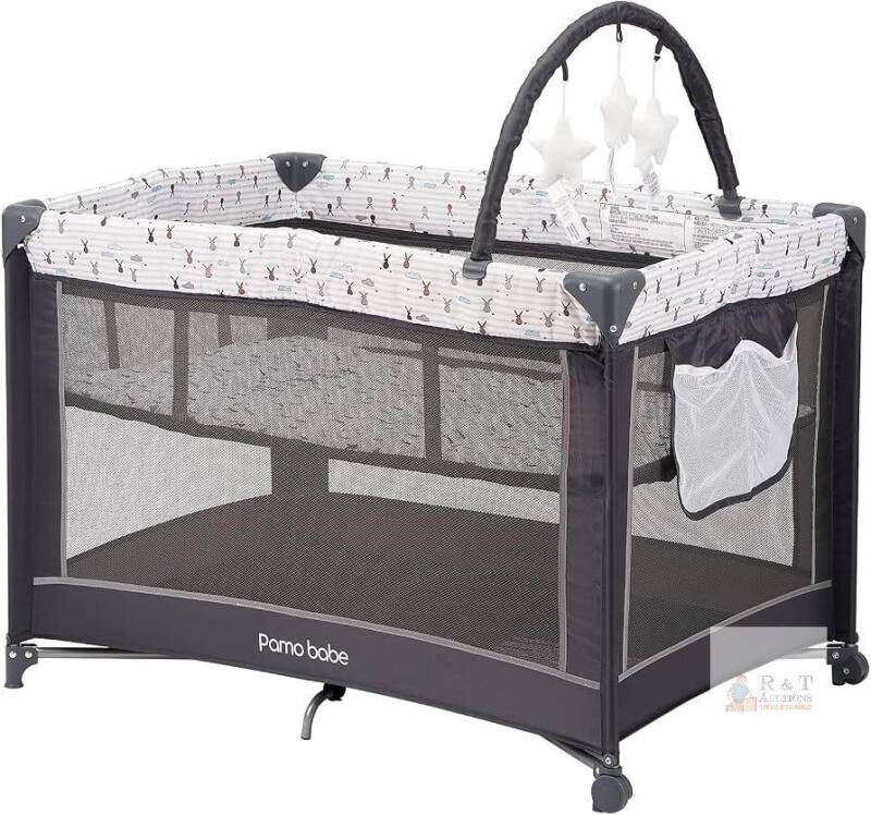 NEW Pamo Babe Portable Baby Playpen, Rabbit Design, 39.4"x27.6"x27.6", Includes Mattress & Toy Bar