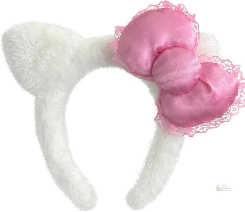 Kitty Ears Headband with Lace Bow, Halloween Kitty Costume 7.87" x 6.5" | White New Cat Ears Hairband, Pink Bow Hair Accessories, Kitten Birthday Party...