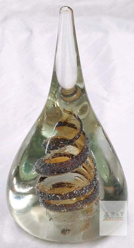 Clear Art Glass Paperweight Teardrop Gold Spiral Swirl Design, Modern Studio Style