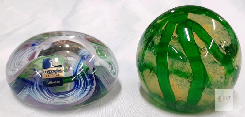 Gleneagles Crystal Art Glass Swirl Paperweight & Unbranded Green Bubble Paperweight, 3" Diameter