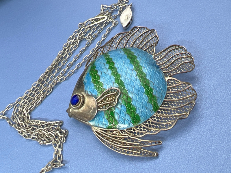 Amazing Enamel Filigree Fish Pendant Brooch Chain Native