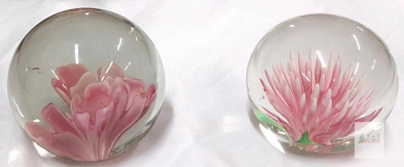 Hand-Blown Glass Paperweights, Set of 2, Pink Lampwork Flower Design,