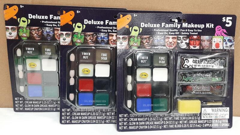 3 NEW Deluxe Family Halloween Makeup Kit, Cream Makeup, Glitter Gel, Fake Blood, $5, Age 5+, DOLGEN Code