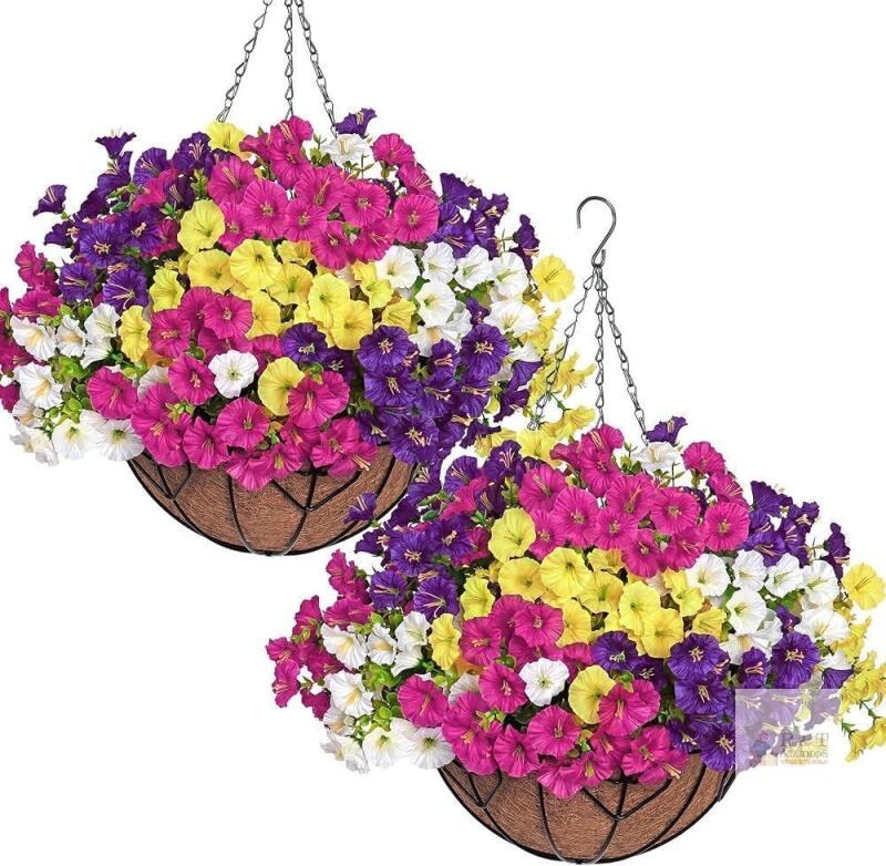 NEW 2 Artificial Hanging Morning Glory Flower Baskets, Faux Silk, 12" Metal/Coco Liner, Multi-Color