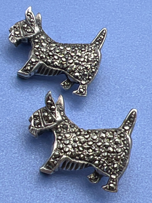 Two 925 Sterling Silver Vintage Shiny Marcasite Dog Brooches