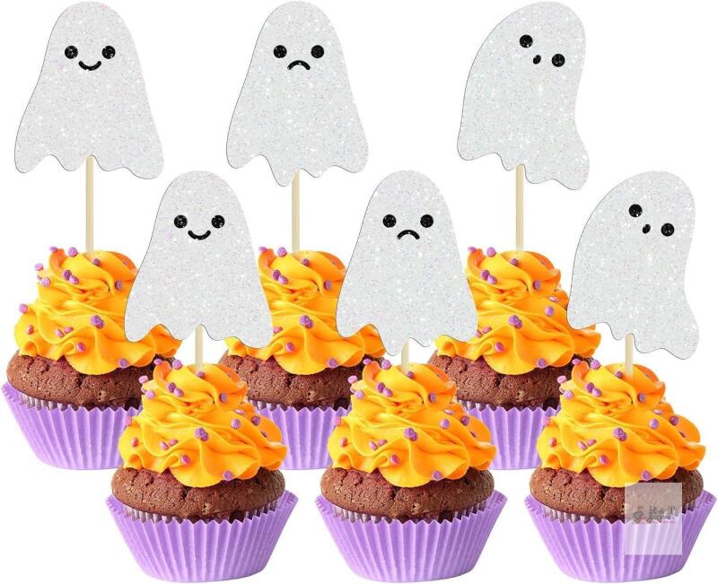 New 24Pcs Ghost Cupcake Toppers White Glitter