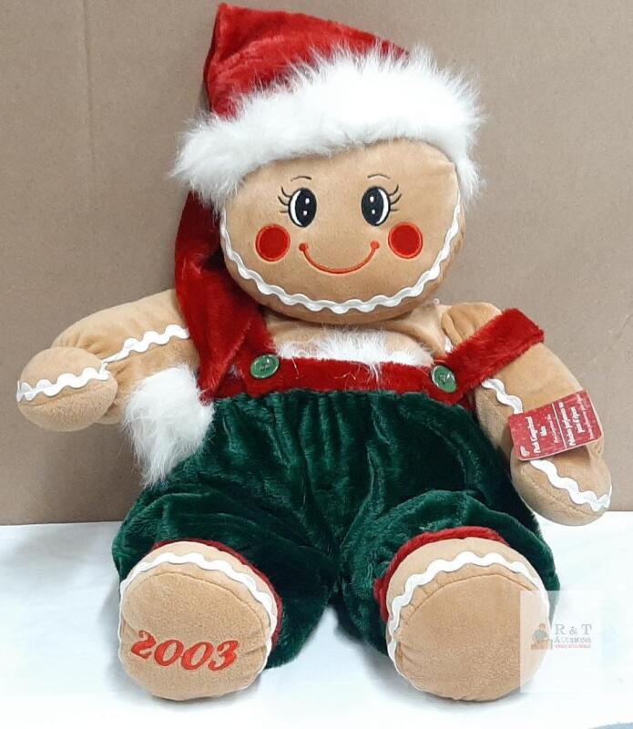 NEW Dan Dee 2003 Christmas Gingerbread Plush Doll &ndash; 17" Tall, Green Pants, Red Suspenders, Santa Hat