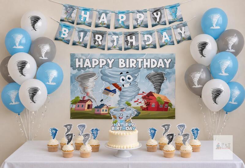 New Tornado Birthday Party Decoration Set with Banner, Backdrop, Balloons & Cake Toppers