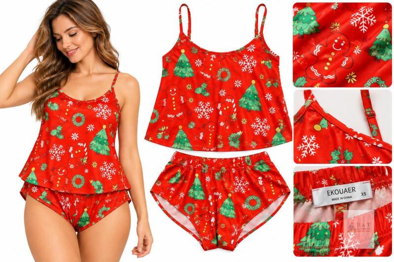 New XS Open Tie Back Ekouaer Women&rsquo;s Christmas Gingerbread Pajama Set &ndash; Size XS